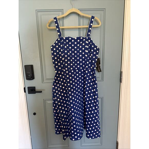 Madison Leigh Dress Womens Petite 12 Blue Polka Dots Sweetheart Smock Zipper NWT - Picture 1 of 15